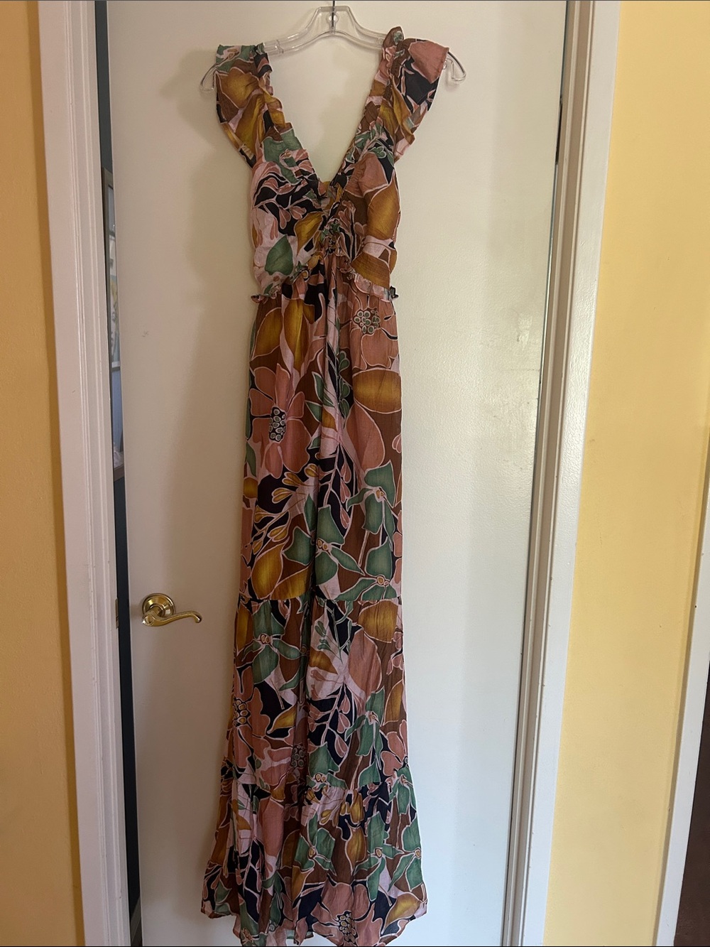 Floral Ruffle-Shoulder Maxi Dress in multi color Blush Green